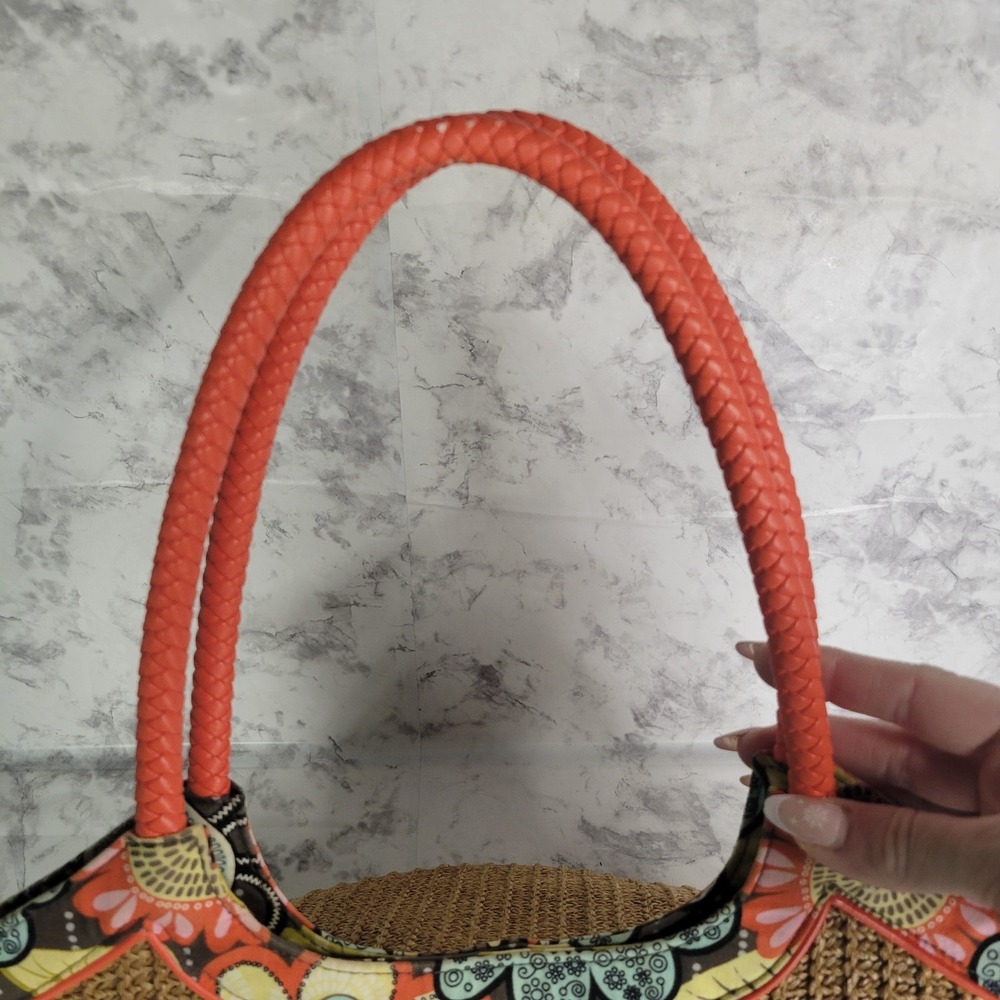 Vera Bradley Straw Tote Bag Tan Woven Floral Trim Orange Braided Handles Boho - Picture 5 of 12